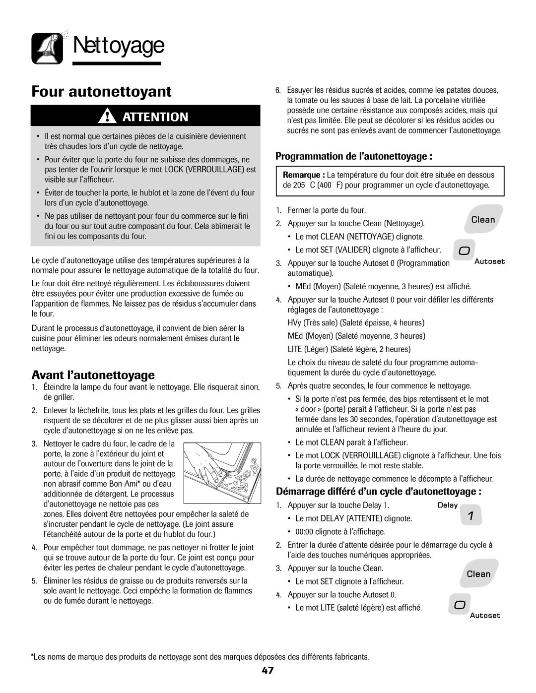 Amana AGR5835QDW important safety instructions Nettoyage, Avant l’autonettoyage, Programmation de l’autonettoyage 