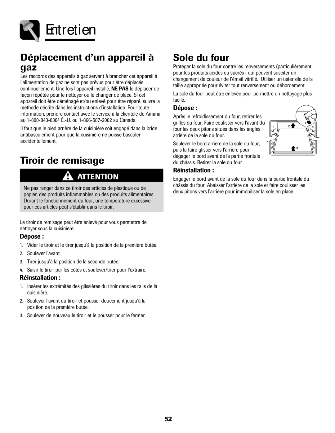 Amana AGR5835QDW important safety instructions Déplacement d’un appareil à gaz, Tiroir de remisage, Dépose 