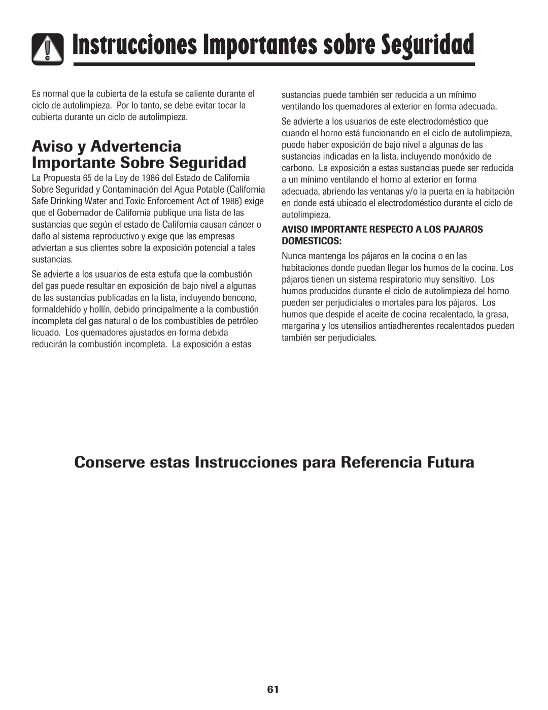 Amana AGR5835QDW Aviso y Advertencia Importante Sobre Seguridad, Conserve estas Instrucciones para Referencia Futura 