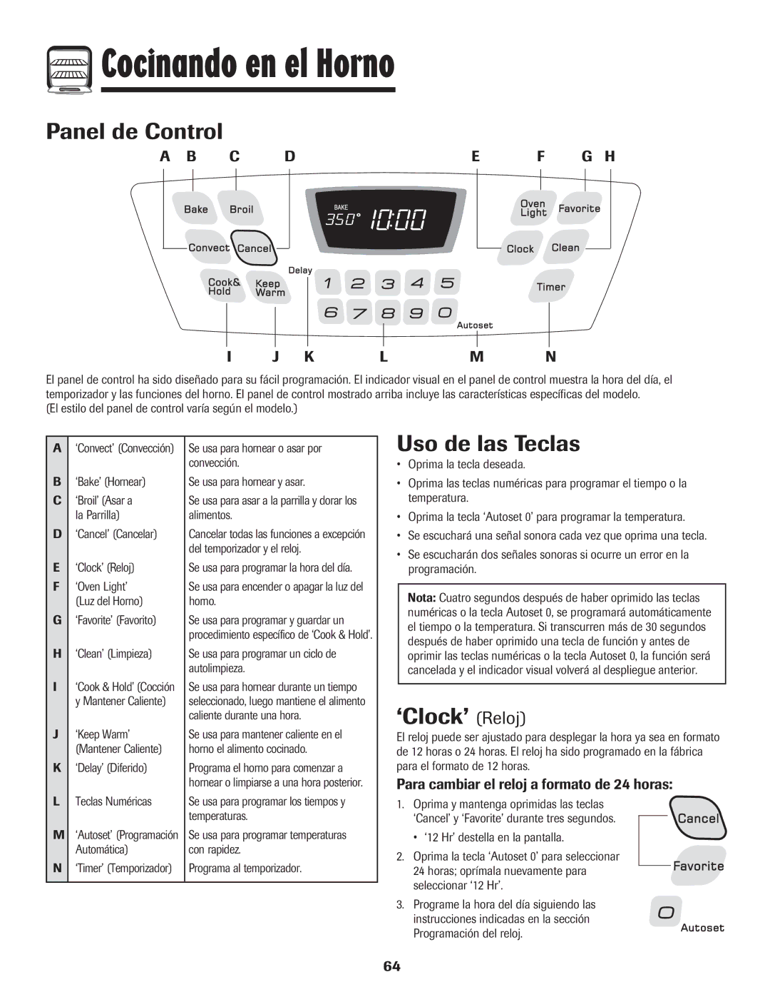 Amana AGR5835QDW important safety instructions Cocinando en el Horno, Panel de Control, Uso de las Teclas, ‘Clock’ Reloj 