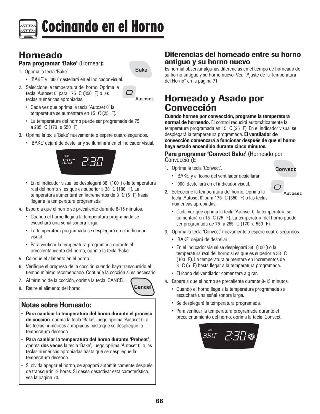 Amana AGR5835QDW Horneado y Asado por Convección, Notas sobre Horneado, Para programar ‘Bake’ Hornear 