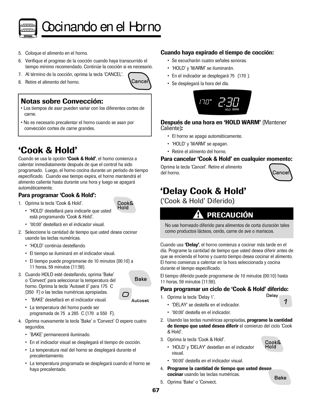 Amana AGR5835QDW important safety instructions ‘Delay Cook & Hold’, Notas sobre Convección, ‘Cook & Hold’ Diferido 