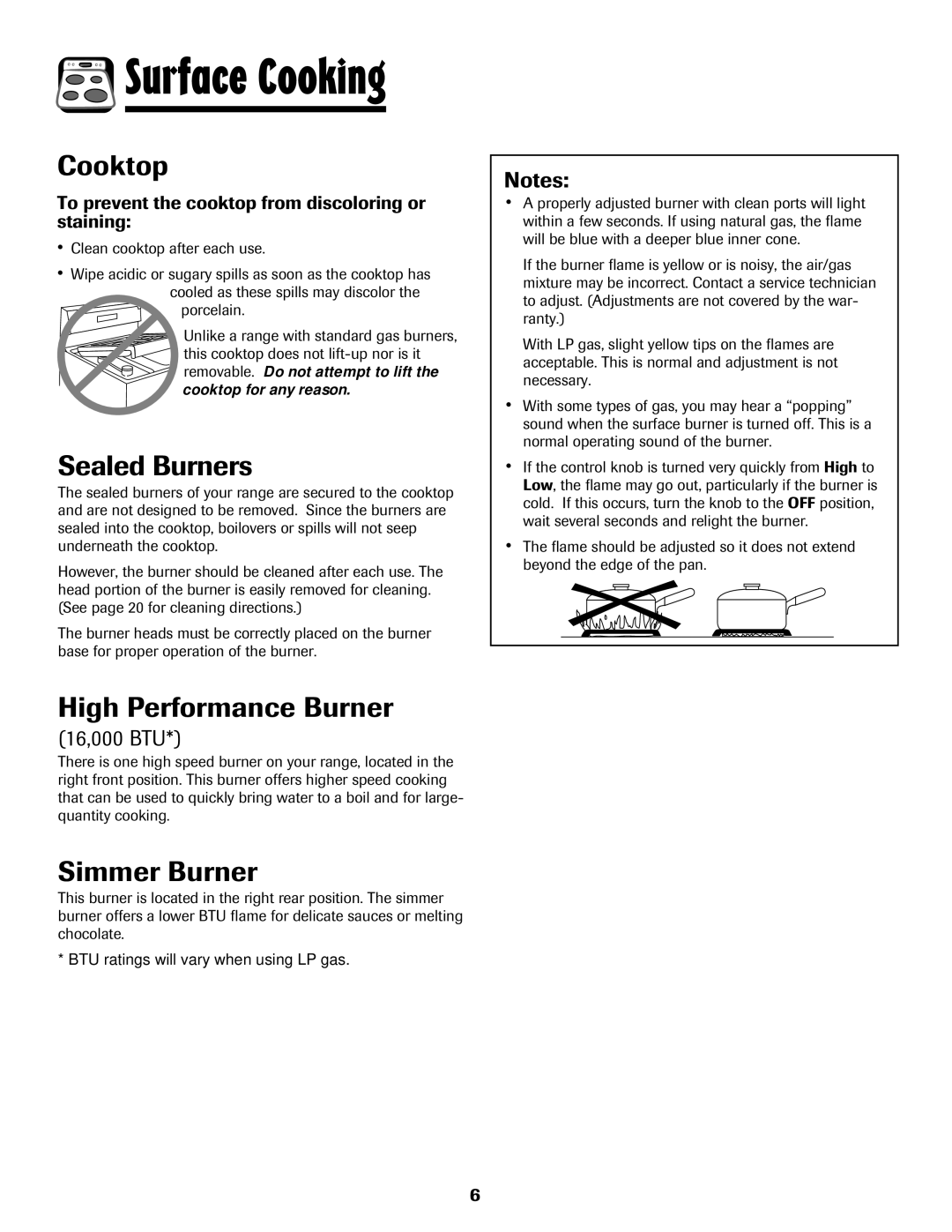 Amana AGR5835QDW important safety instructions Cooktop, Sealed Burners, High Performance Burner, Simmer Burner, 16,000 BTU 