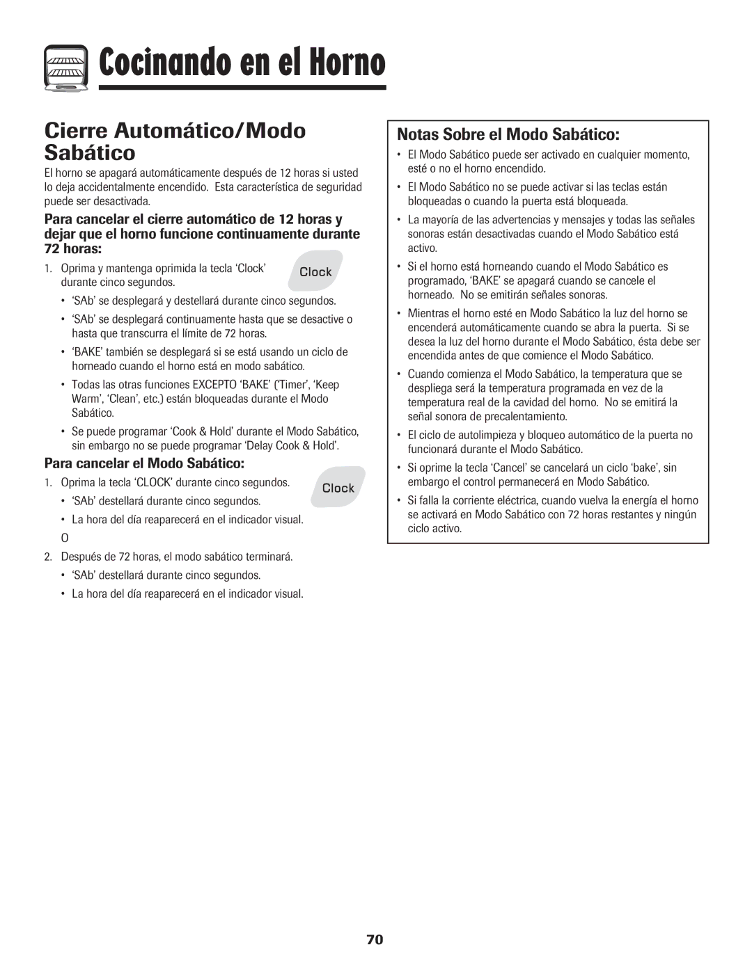 Amana AGR5835QDW Cierre Automático/Modo Sabático, Notas Sobre el Modo Sabático, Para cancelar el Modo Sabático 