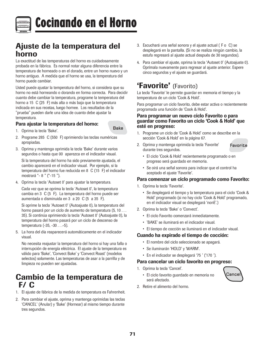 Amana AGR5835QDW Ajuste de la temperatura del horno, Cambio de la temperatura de F/C, ‘Favorite’ Favorito 