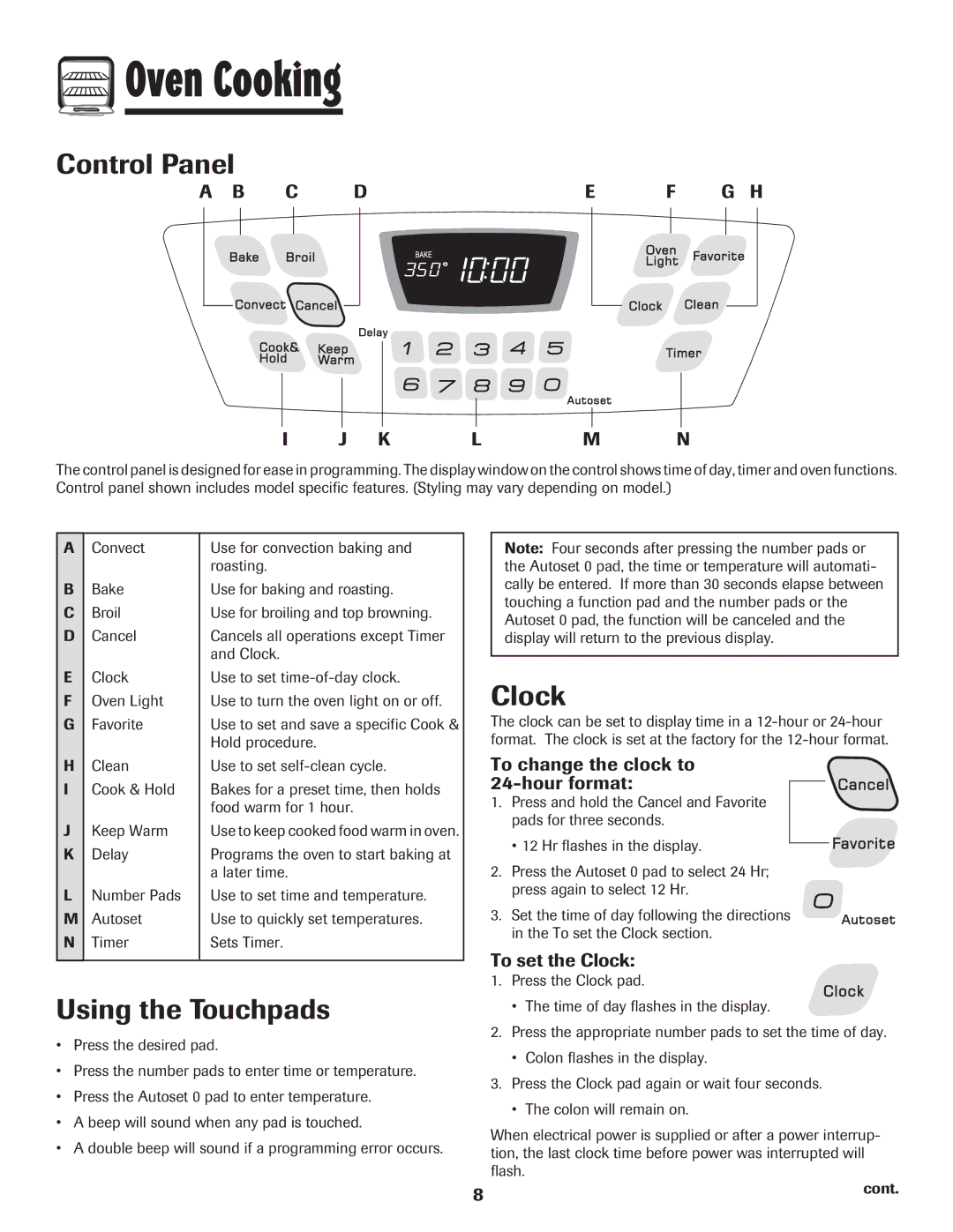 Amana AGR5835QDW important safety instructions Oven Cooking, Control Panel, Using the Touchpads, Clock, C De F G H K Lm N 