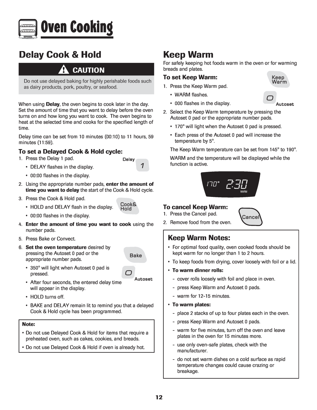 Amana AGR5835QDW Delay Cook & Hold, Keep Warm Notes, To set a Delayed Cook & Hold cycle, To set Keep Warm 