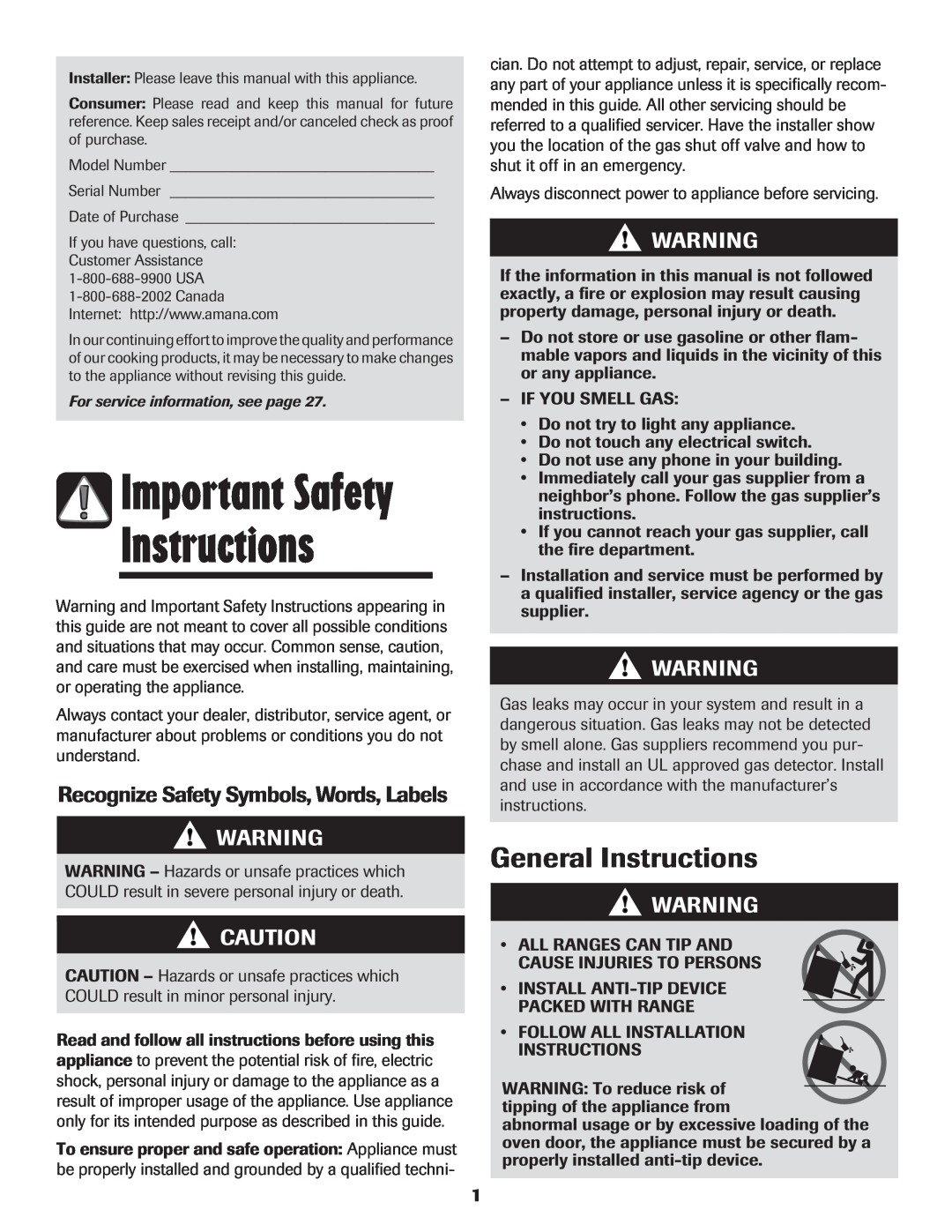 Amana AGR5835QDW Important Safety, General Instructions, Recognize Safety Symbols, Words, Labels 