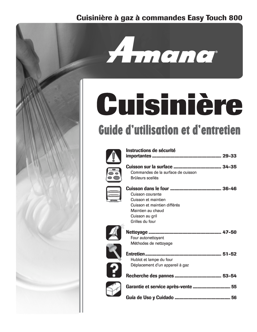 Amana AGR5835QDW Cuisinière à gaz à commandes Easy Touch, Instructions de sécurité, 29-33, 34-35, 36-46, 47-50, 51-52 