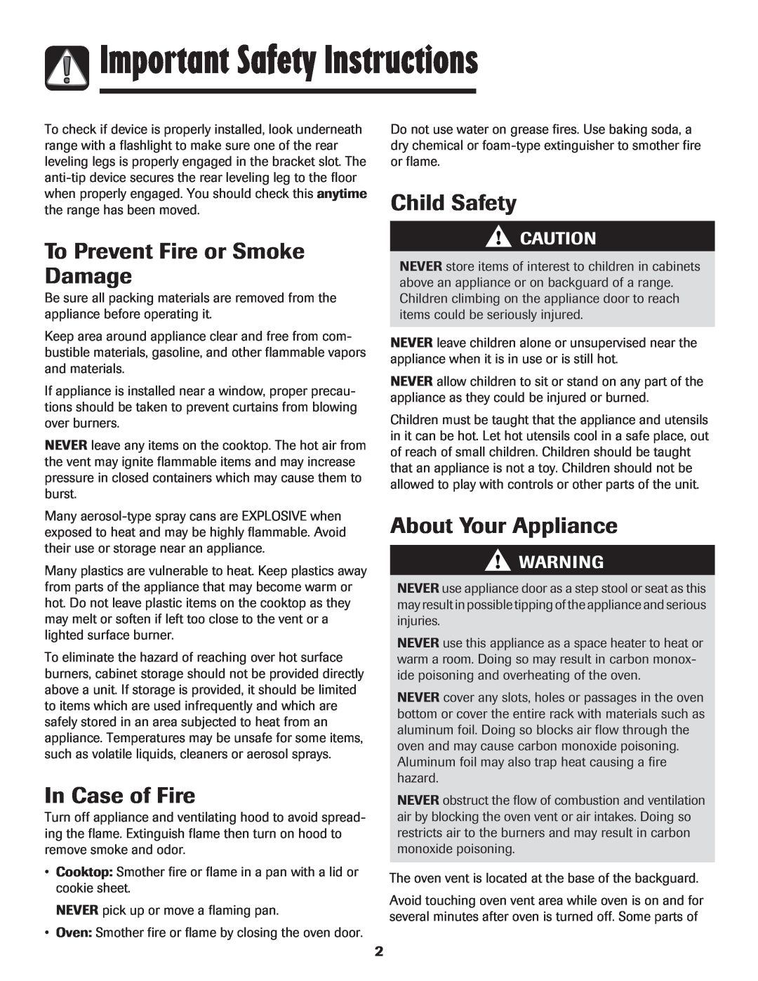 Amana AGR5835QDW Important Safety Instructions, To Prevent Fire or Smoke Damage, In Case of Fire, Child Safety 