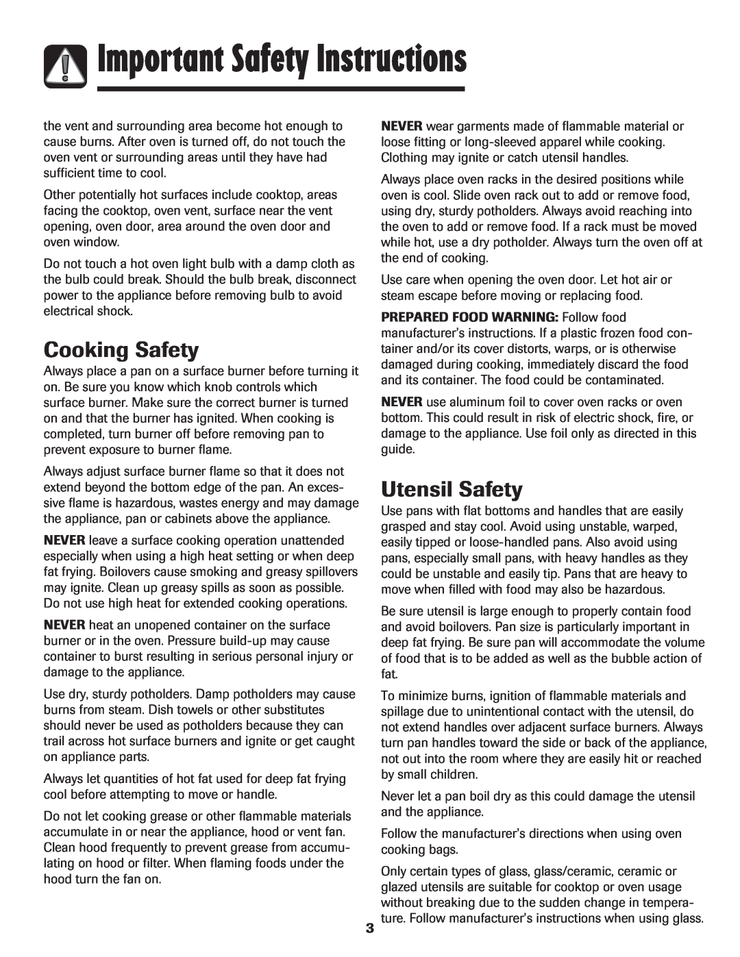 Amana AGR5835QDW important safety instructions Cooking Safety, Utensil Safety, Important Safety Instructions 