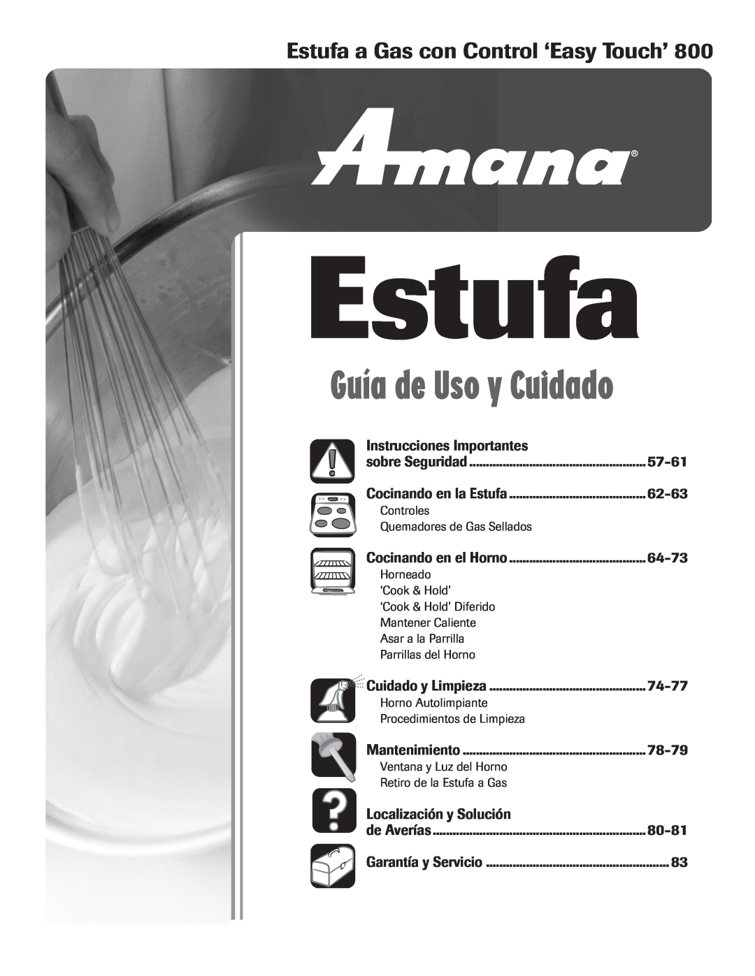 Amana AGR5835QDW Estufa a Gas con Control ‘Easy Touch’, Instrucciones Importantes, 57-61, 62-63, 64-73, 74-77, 78-79 
