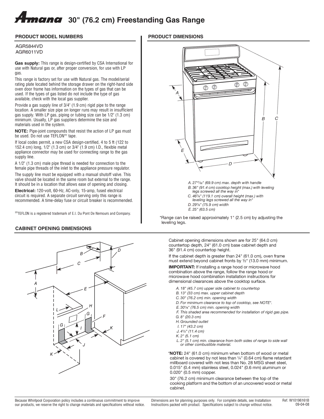 Amana dimensions 30 76.2 cm Freestanding Gas Range, Product Model Numbers, AGR5844VD AGR6011VD, Product Dimensions 