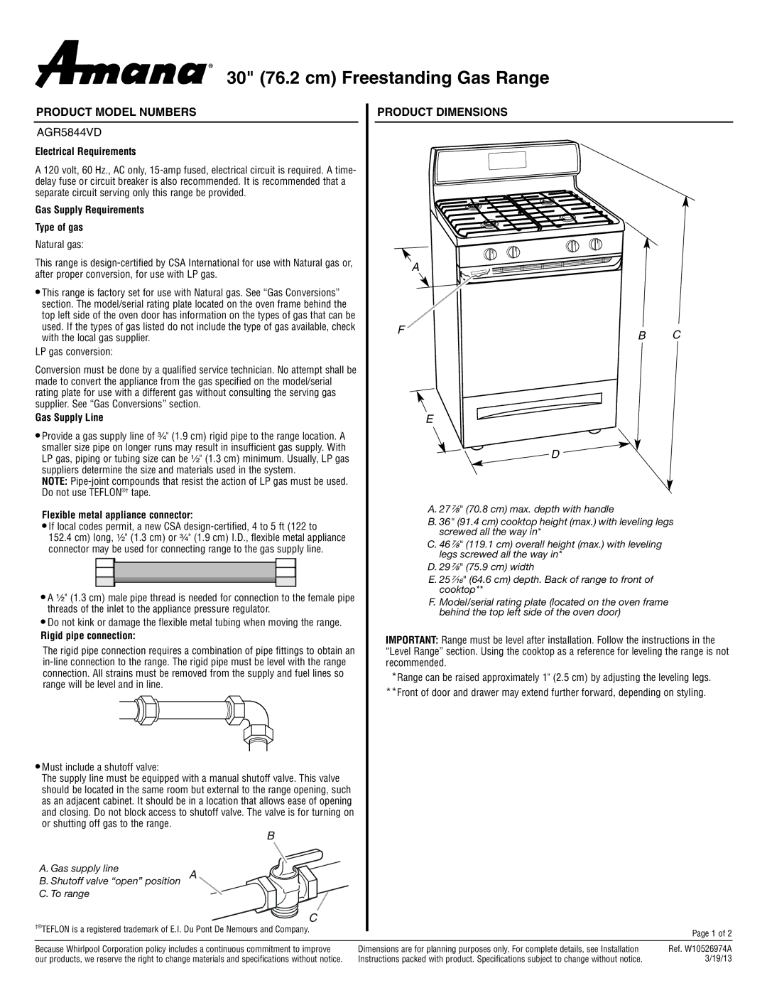 Amana AGR5844VD dimensions Product Model Numbers Product Dimensions 