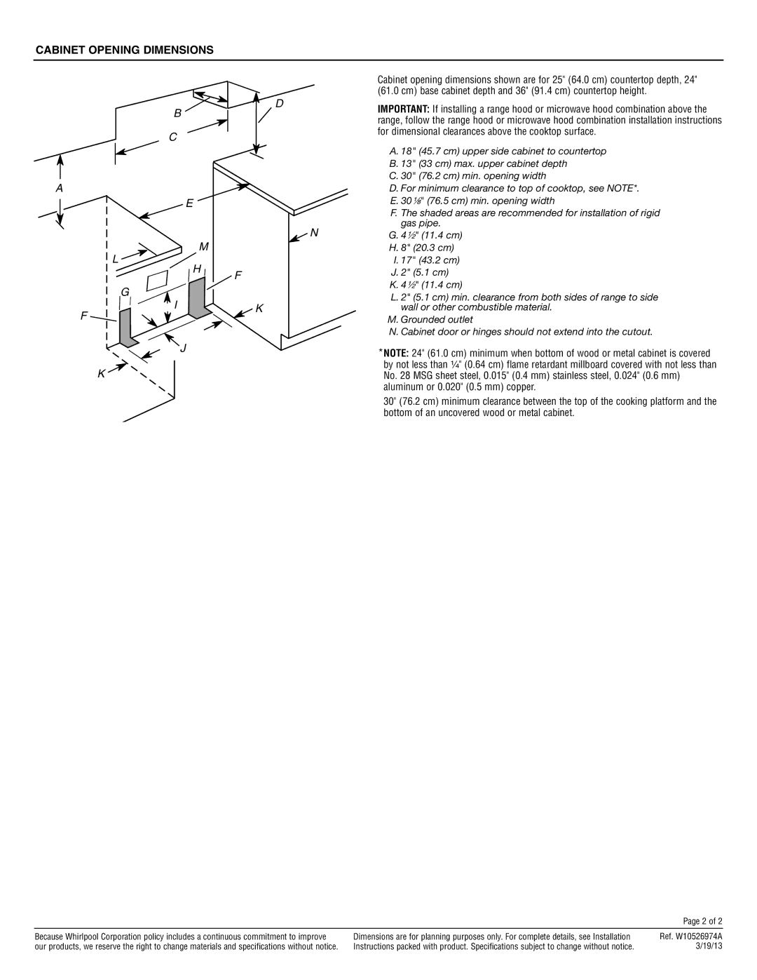 Amana AGR5844VD dimensions Cabinet Opening Dimensions, Bottom of an uncovered wood or metal cabinet 