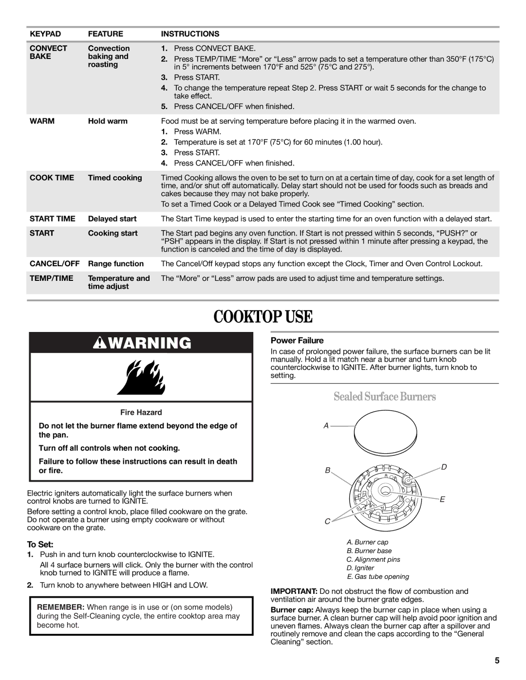 Amana AGR5844VDW warranty Cooktop USE, Sealed Surface Burners, To Set, Power Failure 