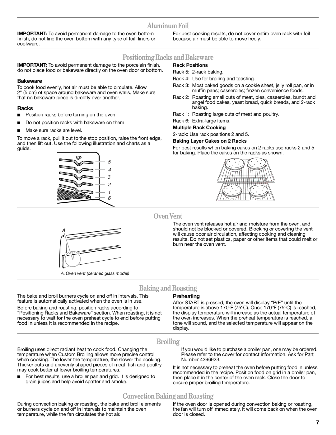 Amana AGR5844VDW warranty AluminumFoil, Positioning Racks and Bakeware, Oven Vent, Baking and Roasting, Broiling 