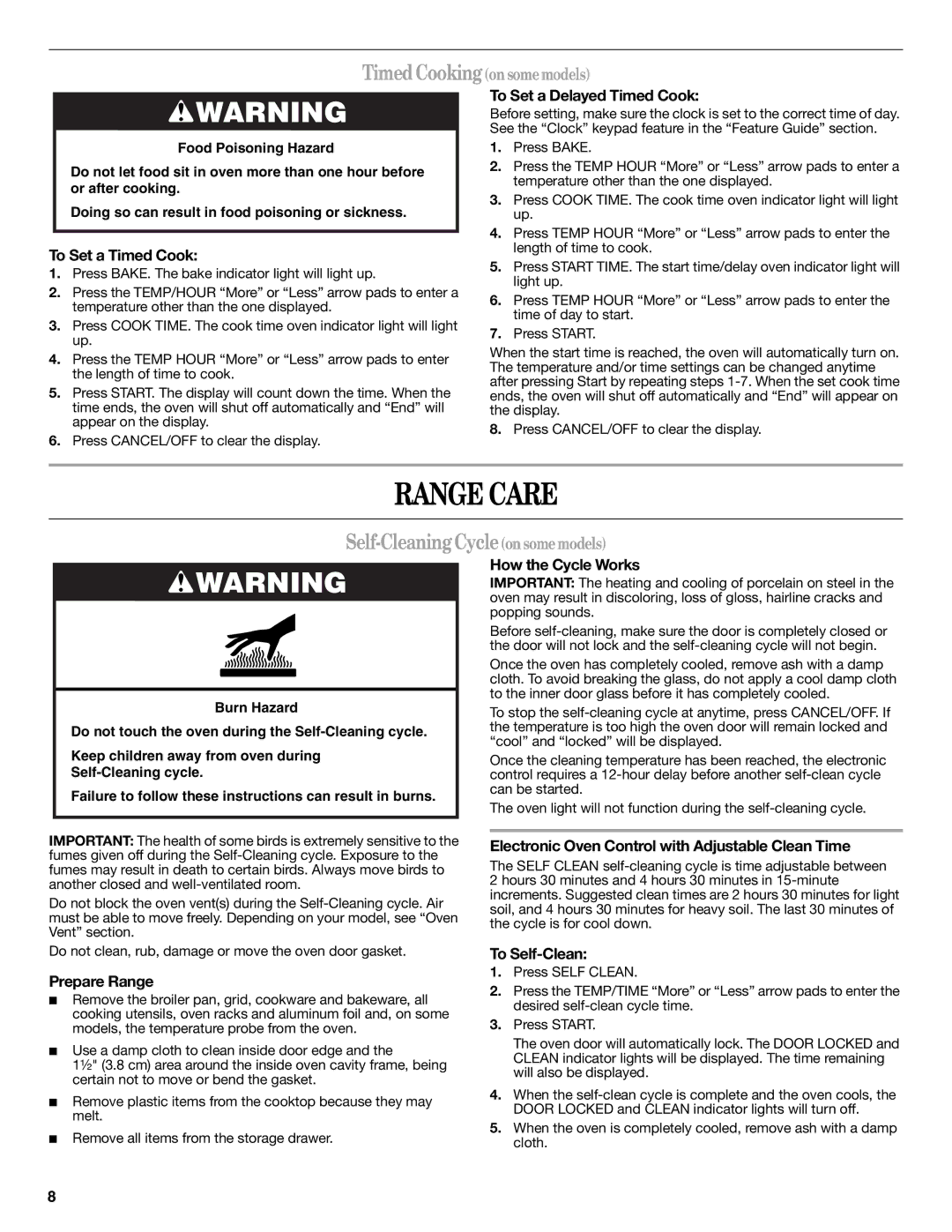 Amana AGR5844VDW warranty Range Care, Self-Cleaning Cycleon somemodels 