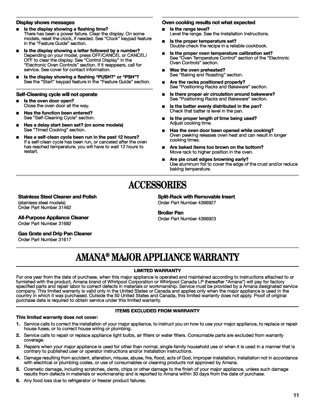 Amana AGR5844VDW Accessories, Amana Major Appliance Warranty, Display shows messages, Self-Cleaningcycle will not operate 