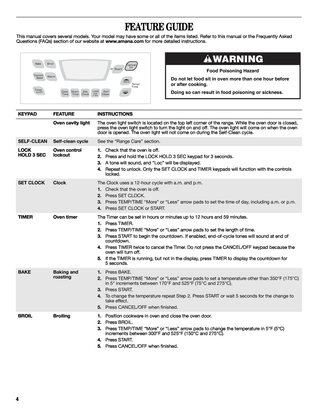 Amana AGR5844VDW warranty Feature Guide, Food Poisoning Hazard, Doing so can result in food poisoning or sickness 