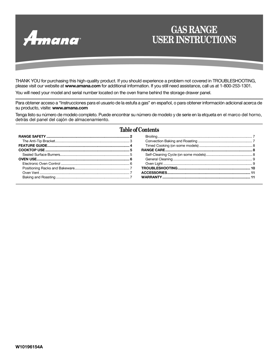 Amana AGR6011VDW warranty GAS Range User Instructions 