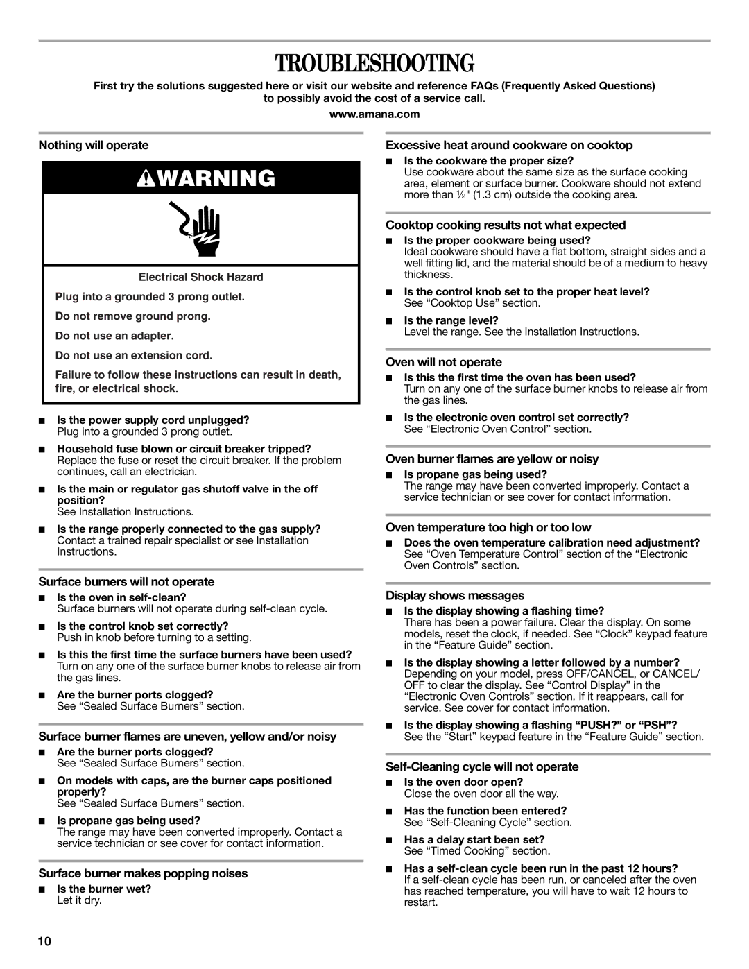 Amana AGR6011VDW warranty Troubleshooting 