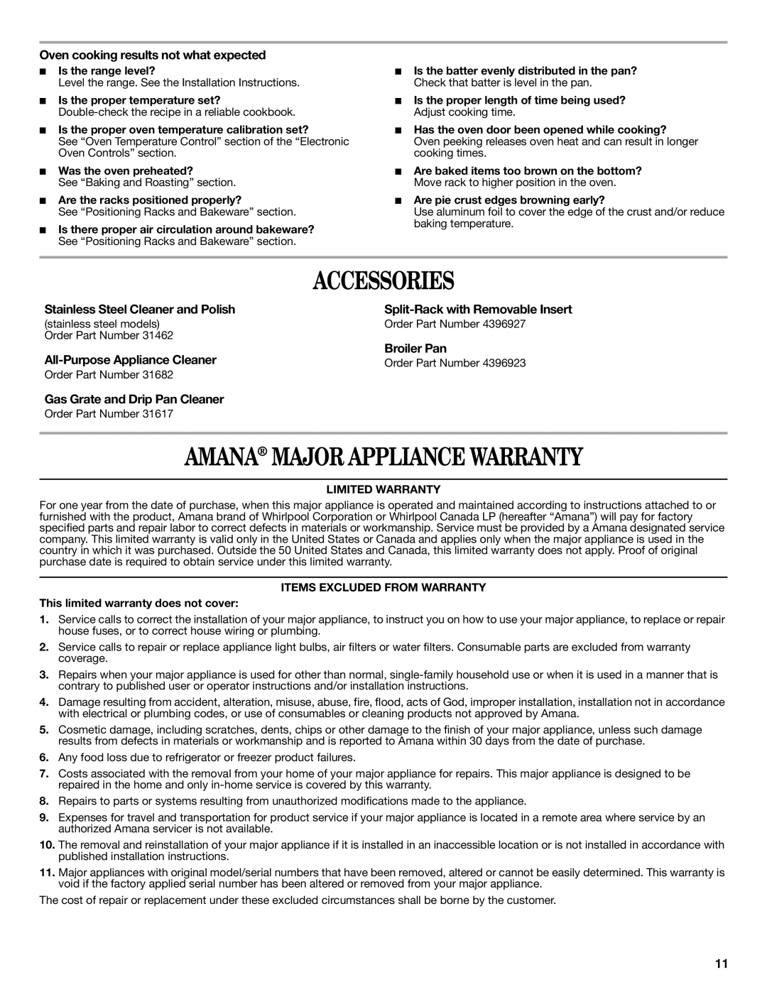 Amana AGR6011VDW warranty Accessories, Amana Major Appliance Warranty 