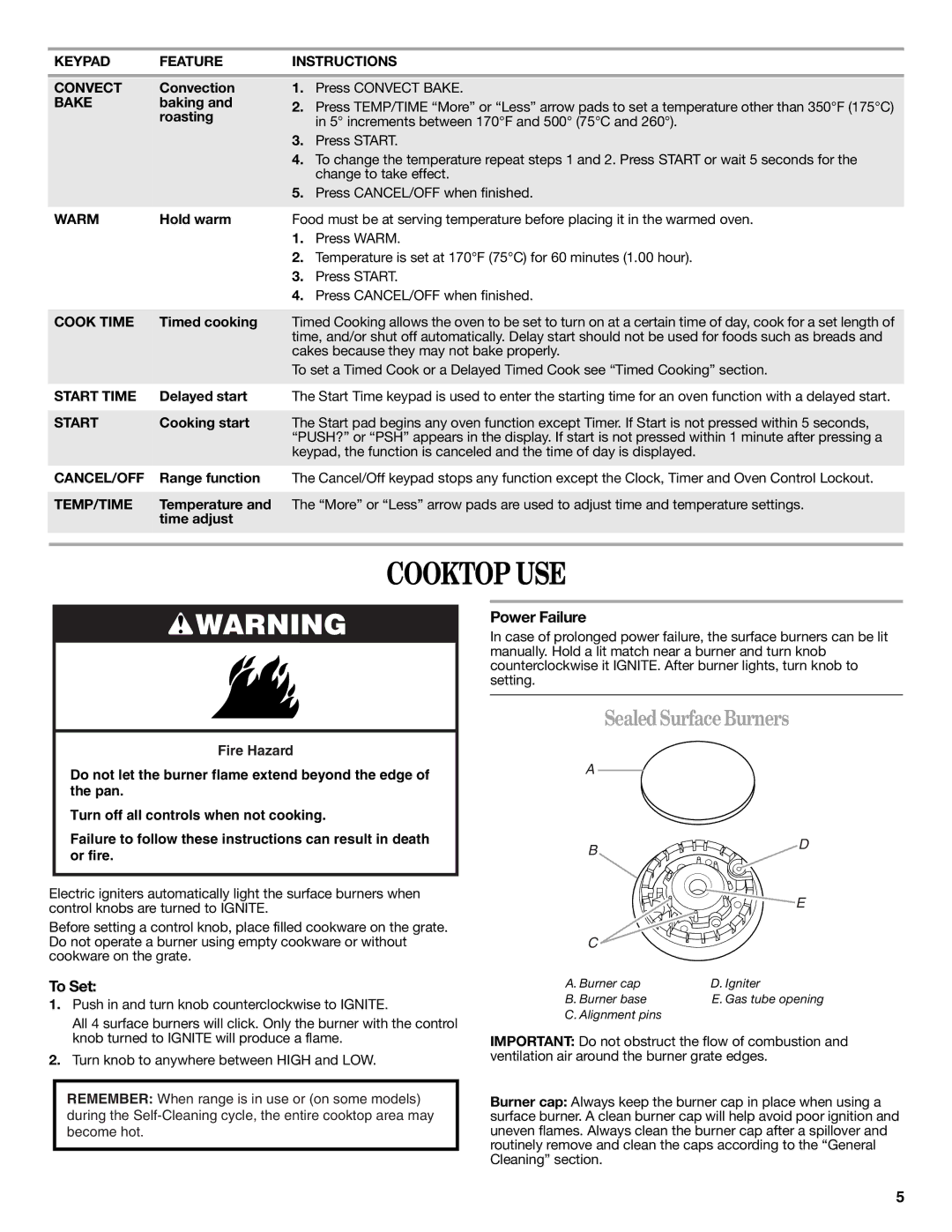 Amana AGR6011VDW warranty Cooktop USE, SealedSurfaceBurners, To Set, Power Failure 