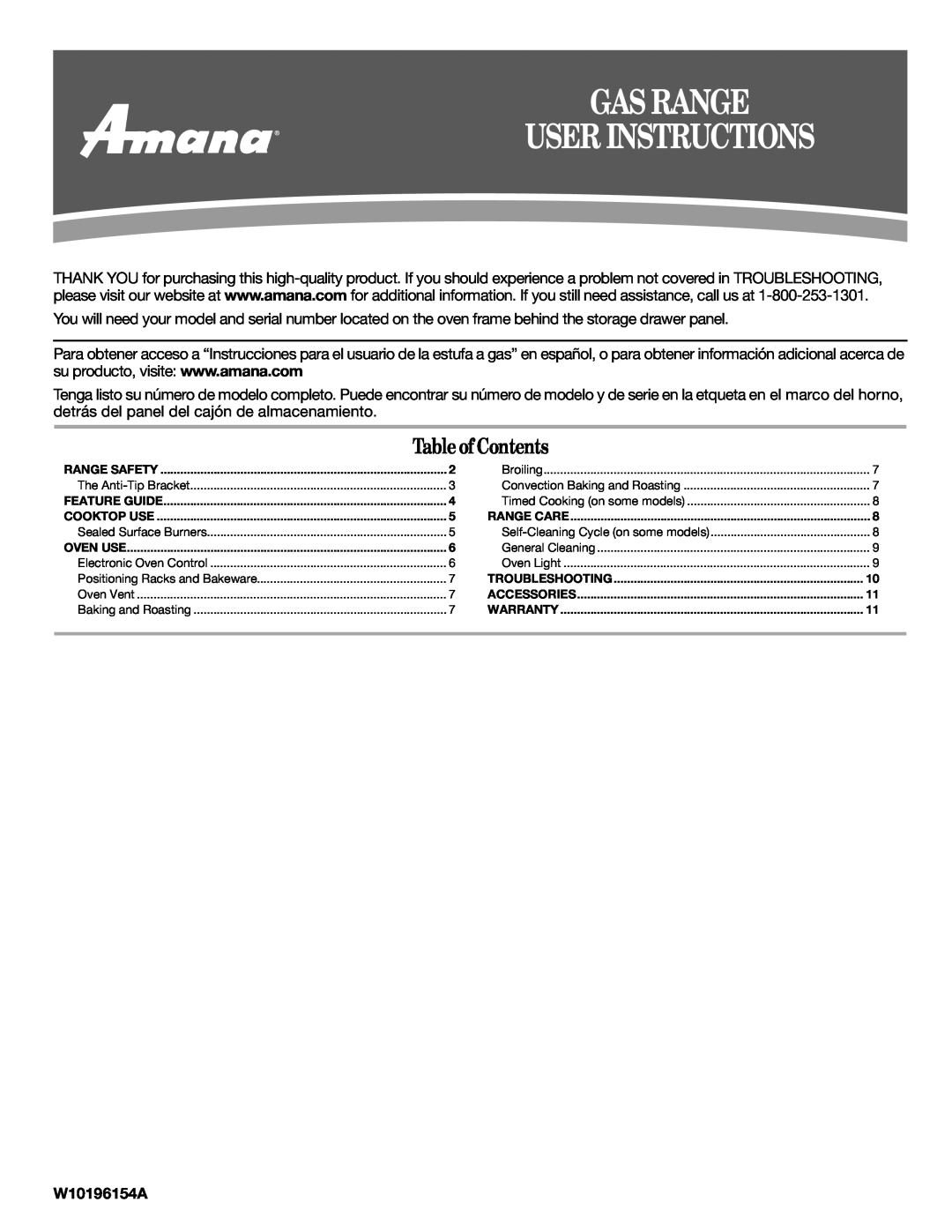 Amana AGR6011VDW warranty Gas Range User Instructions, Tableof Contents, W10196154A 
