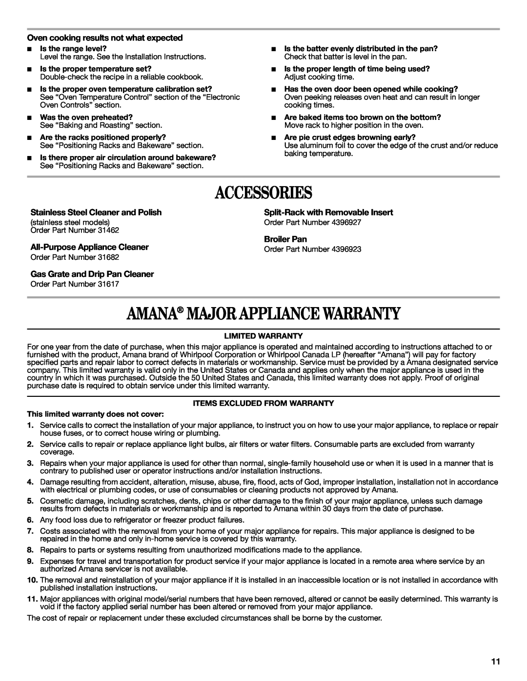 Amana AGR6011VDW warranty Accessories, Amana Major Appliance Warranty, Oven cooking results not what expected, Broiler Pan 