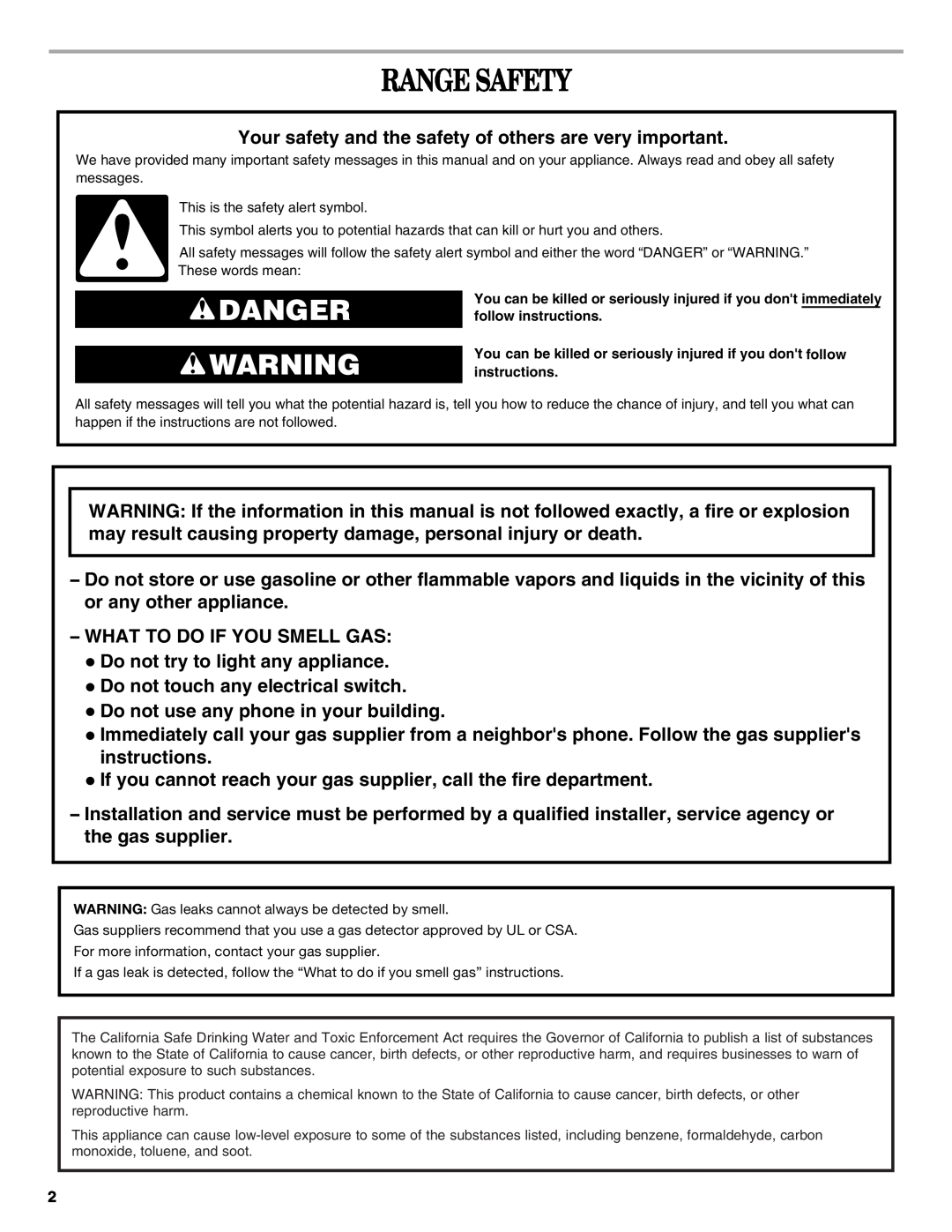Amana AGR6011VDW warranty Range Safety, Danger 
