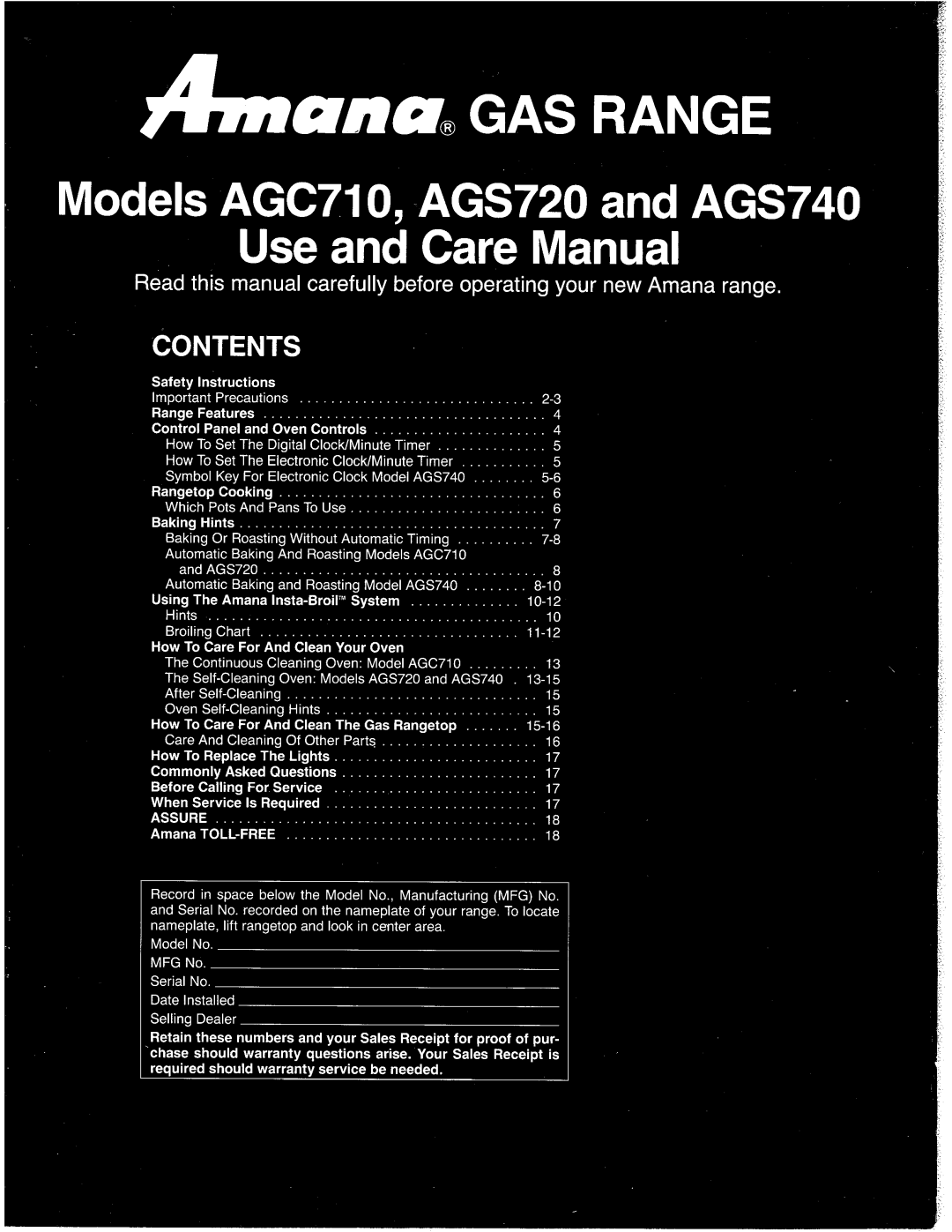 Amana AGS720, AGS740, AGC710 manual 