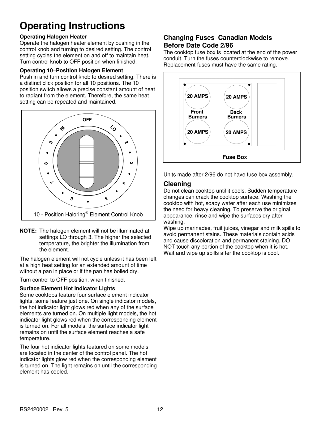 Amana AK2T30/36E1/W1 Changing Fuses−Canadian Models Before Date Code 2/96, Cleaning, Operating Halogen Heater, Fuse Box 