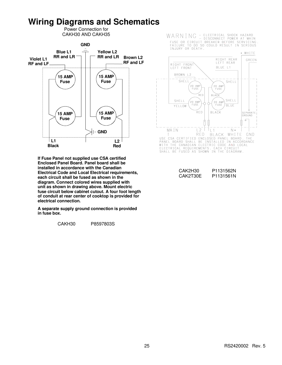 Amana AK2H30, AK2H36E2, AK2HW2 Wiring Diagrams and Schematics, Power Connection for CAKH30 AND CAKH35, CAKH30 P8597803S 