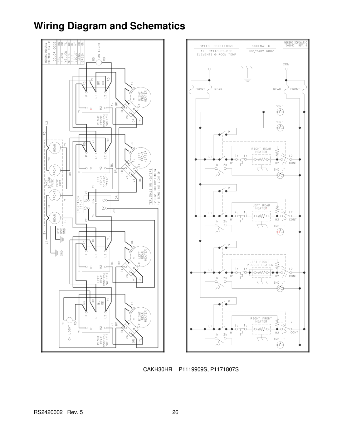 Amana AK2T30/36E1/W1, AK2H30, AK2H36E2, AK2HW2 Wiring Diagram and Schematics, CAKH30HR P1119909S, P1171807S, RS2420002 Rev 