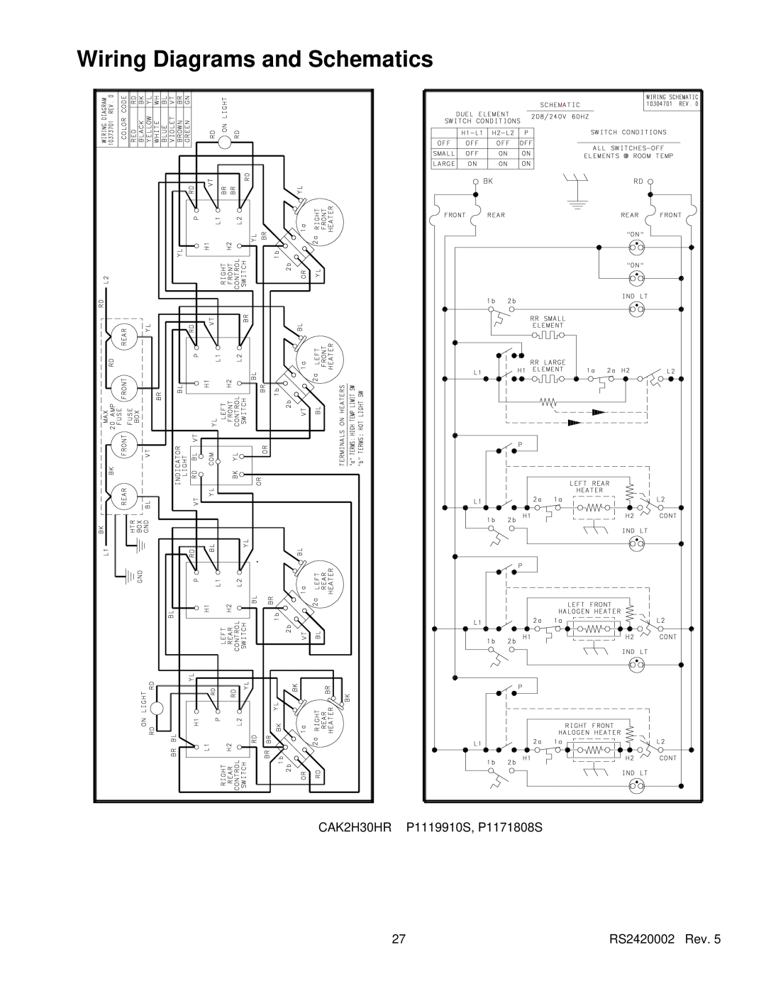 Amana AK2H30, AK2H36E2, AK2HW2 service manual Wiring Diagrams and Schematics, CAK2H30HR P1119910S, P1171808S, RS2420002 Rev 