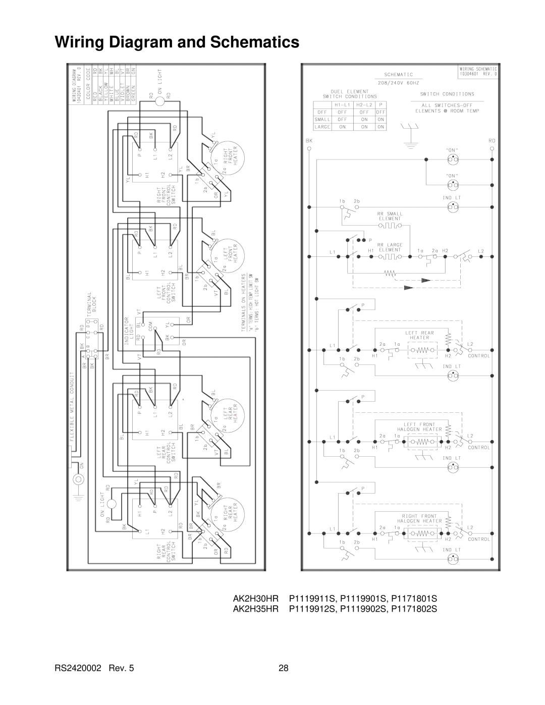 Amana AK2T30/36E1/W1 Wiring Diagram and Schematics, AK2H30HR, P1119911S, P1119901S, P1171801S, AK2H35HR, RS2420002 Rev 