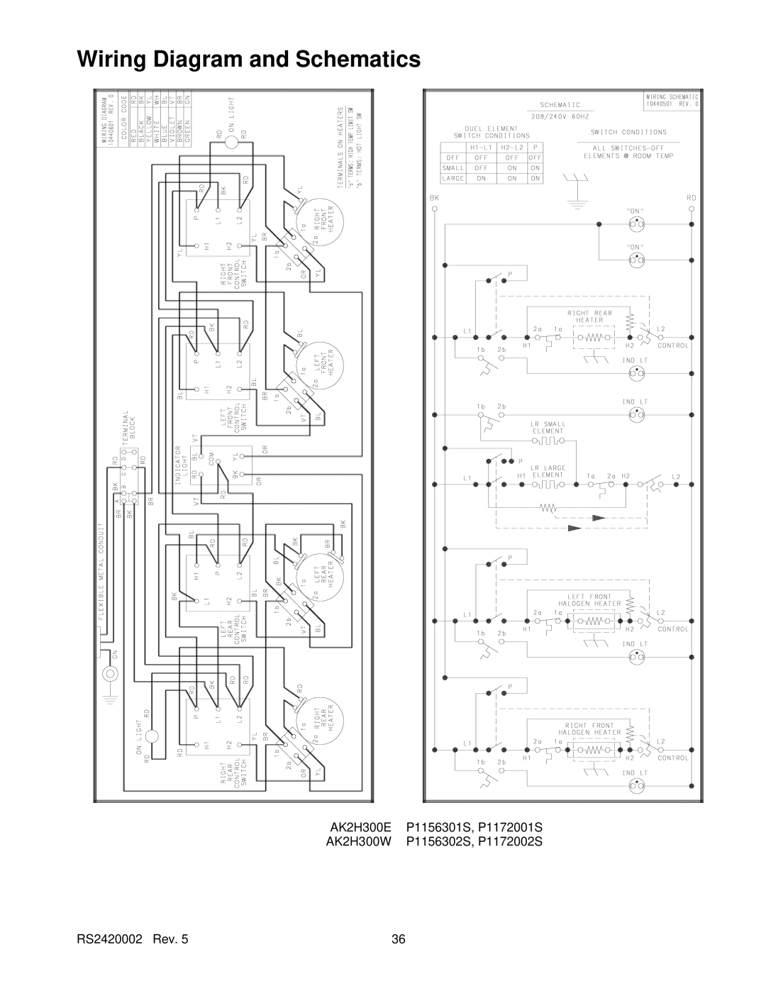 Amana AK2T30/36E1/W1 Wiring Diagram and Schematics, AK2H300E, P1156301S, P1172001S, AK2H300W, P1156302S, P1172002S 
