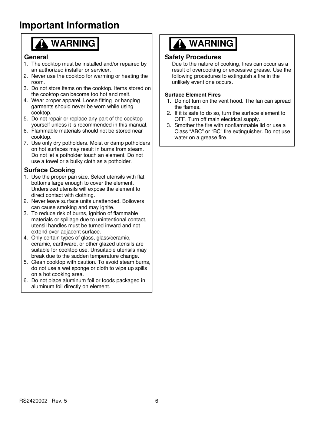 Amana AK2T30/36E1/W1 General, Surface Cooking, Safety Procedures, Surface Element Fires, Important Information 