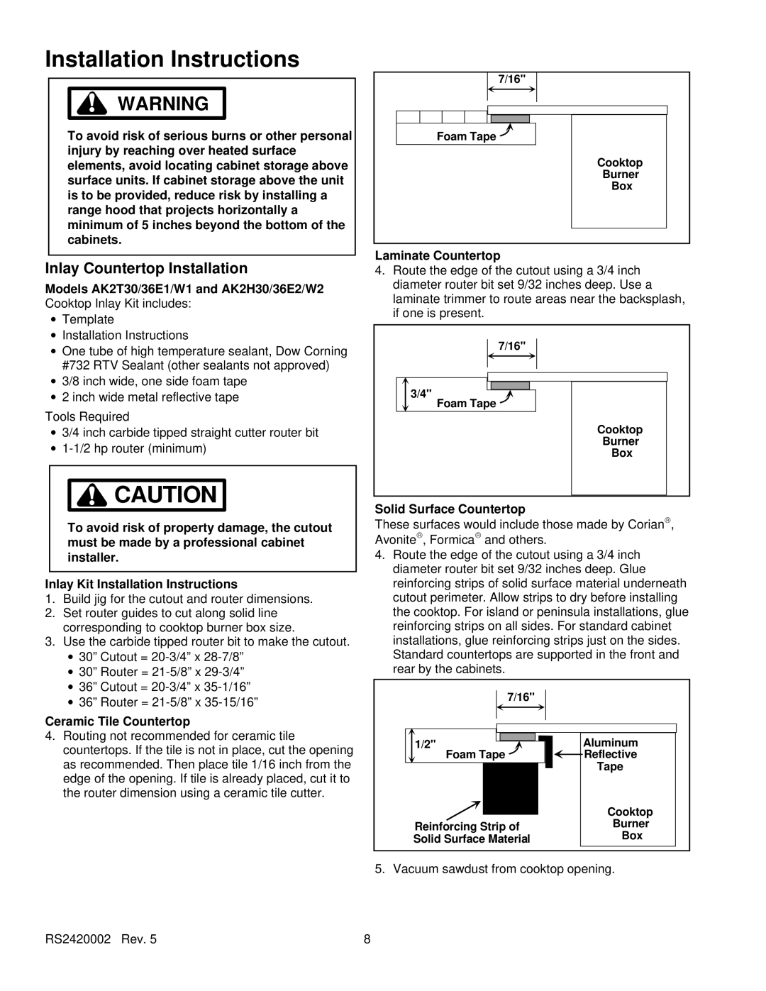 Amana Inlay Countertop Installation, Models AK2T30/36E1/W1 and AK2H30/36E2/W2, Inlay Kit Installation Instructions 