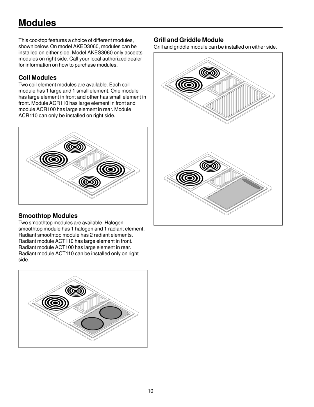 Amana AKES3060, AKED3060 owner manual Coil Modules, Smoothtop Modules, Grill and Griddle Module 