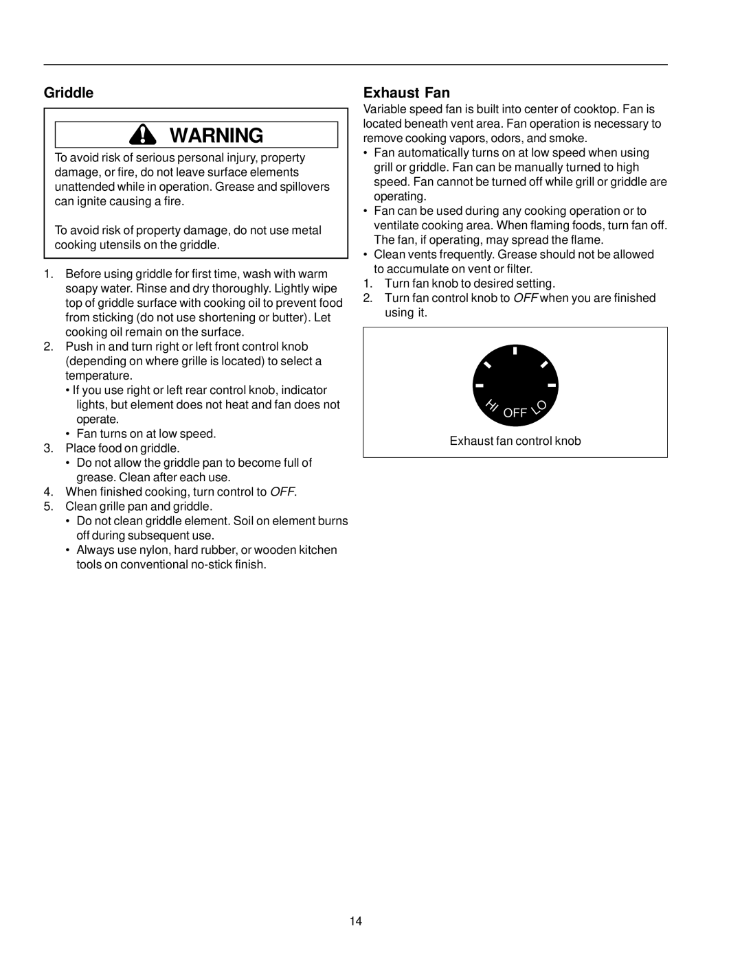 Amana AKES3060, AKED3060 owner manual Griddle, Exhaust Fan 