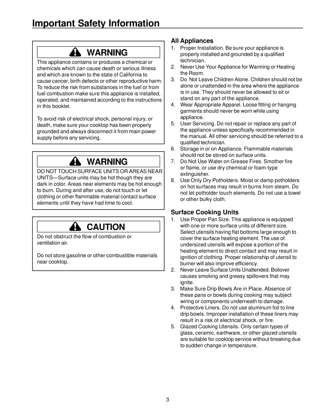 Amana AKED3060, AKES3060 owner manual Important Safety Information, All Appliances, Surface Cooking Units 