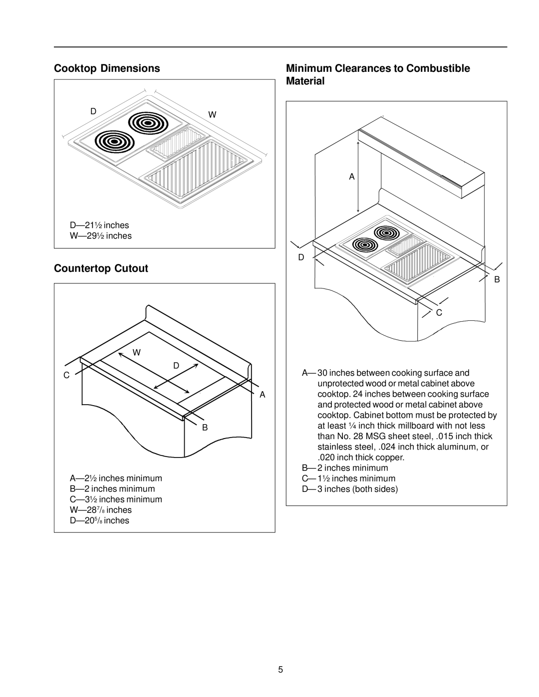 Amana AKED3060, AKES3060 owner manual Cooktop Dimensions, Countertop Cutout, Minimum Clearances to Combustible Material 