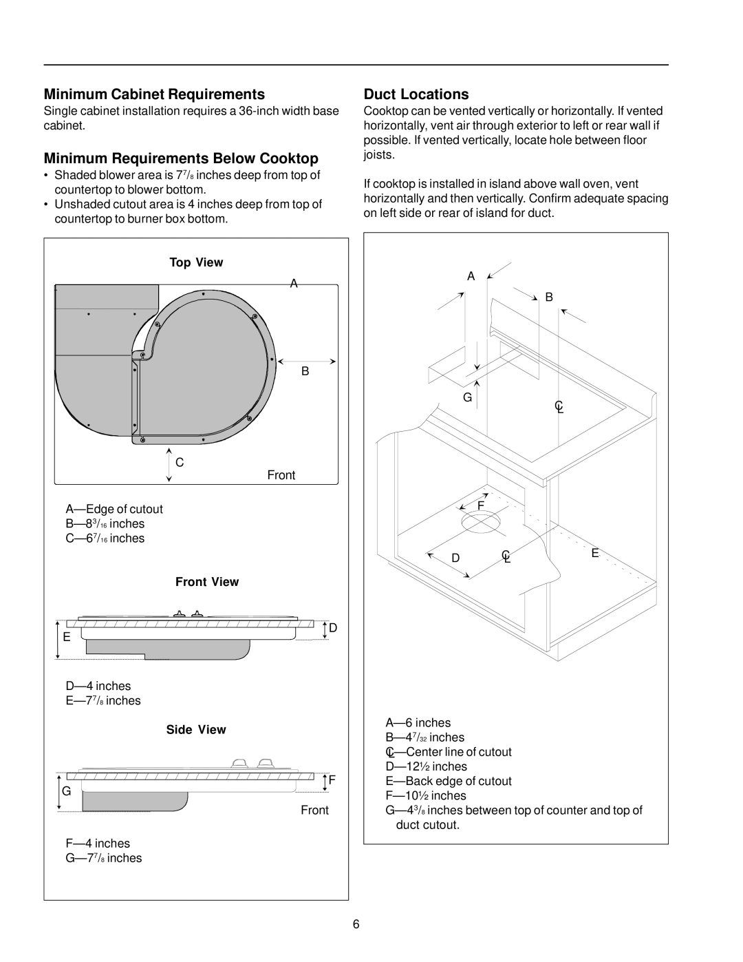 Amana AKES3060, AKED3060 owner manual Minimum Cabinet Requirements, Minimum Requirements Below Cooktop, Duct Locations 