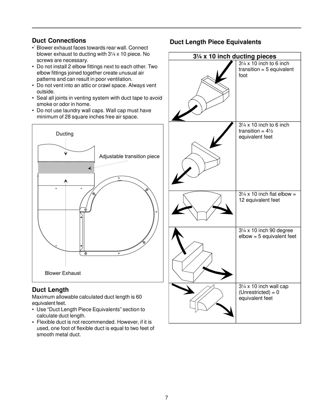 Amana AKED3060, AKES3060 owner manual Duct Connections, Duct Length Piece Equivalents ¼ x 10 inch ducting pieces 