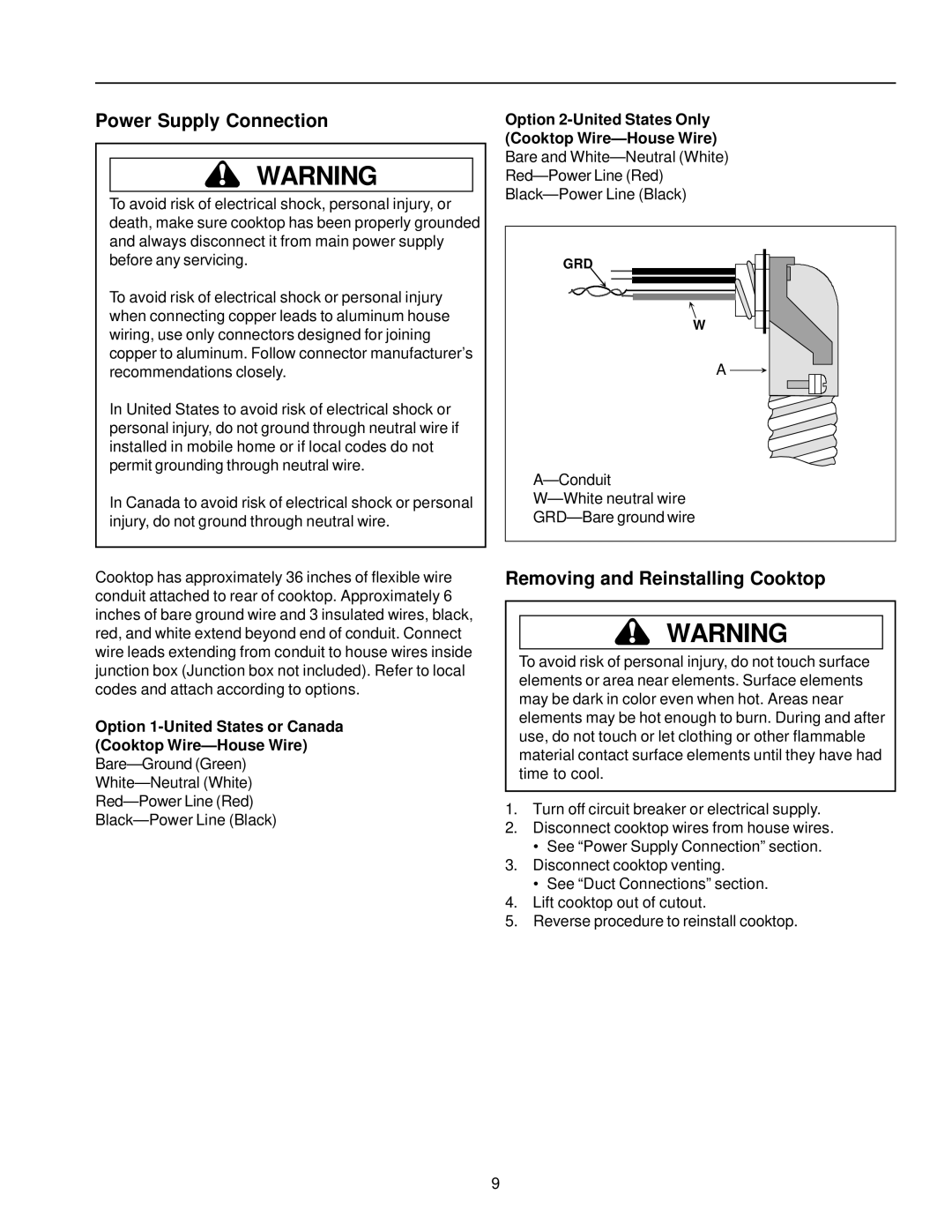 Amana AKED3060, AKES3060 owner manual Power Supply Connection, Removing and Reinstalling Cooktop 