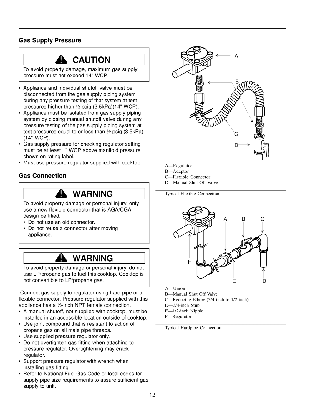 Amana AKGD3050 owner manual Gas Supply Pressure, Gas Connection 