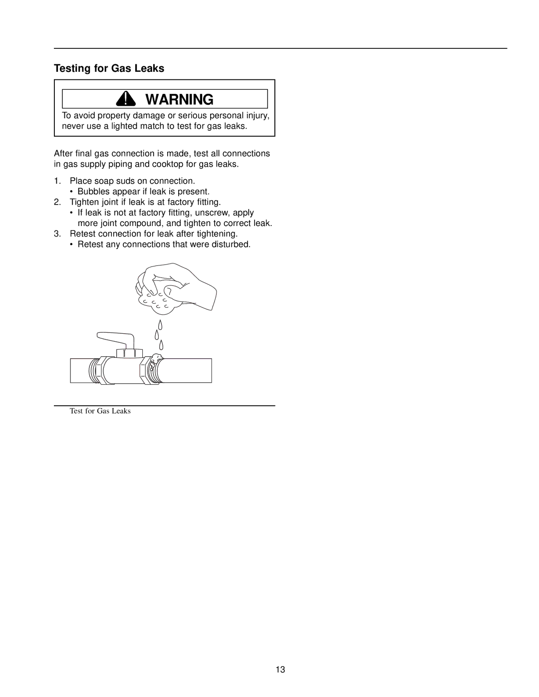 Amana AKGD3050 owner manual Testing for Gas Leaks 