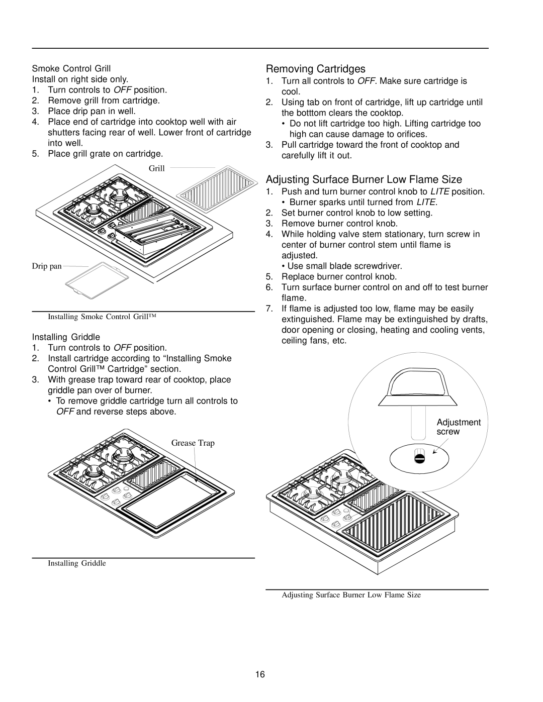 Amana AKGD3050 Removing Cartridges, Adjusting Surface Burner Low Flame Size, Smoke Control Grill, Installing Griddle 